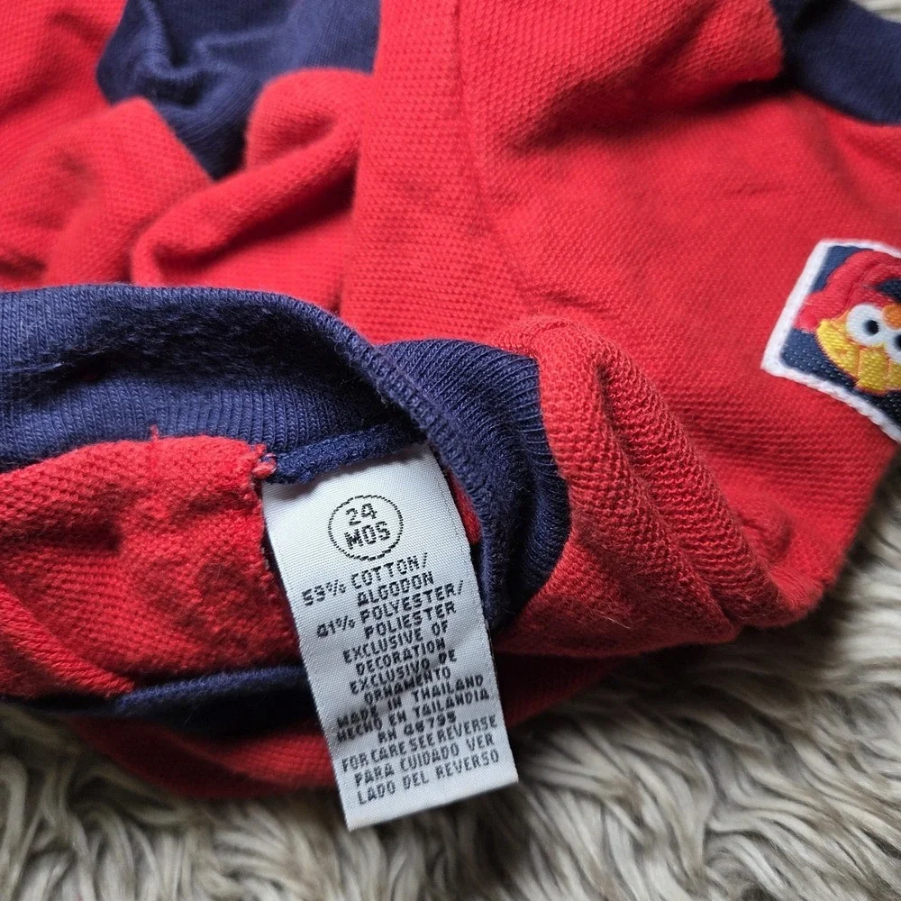 Vintage Sesame Street Red Polo Shirt Elmo Patch On Shoulder Toddler Kids Size 2T